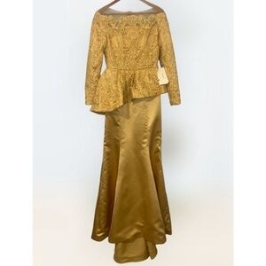 TS Couture Mustard Yellow Lace Long Sleeve Peplum Satin Mermaid Formal Gown NWT